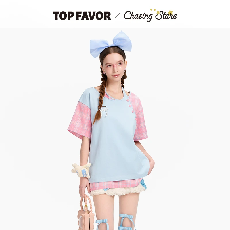 TOP FAVOR【旋转梦境】2025夏季新款粉格子半袖女美式校园短袖T恤