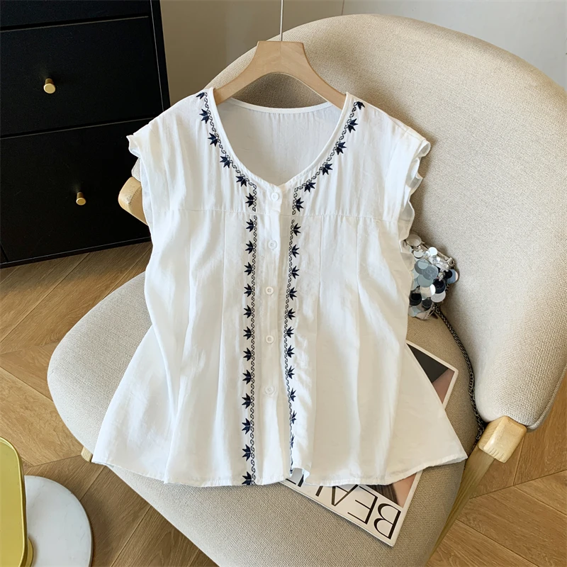 韩系高级感重工刺绣V领马甲背心女夏季外穿无袖衬衫超好看上衣薄