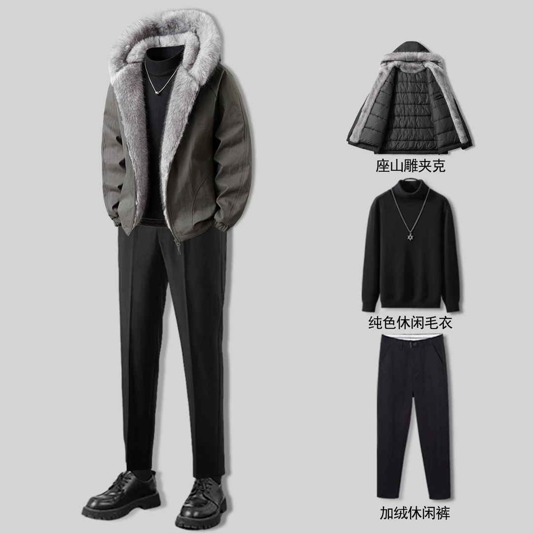 ohmmayby外套新款冬季座山雕加绒加厚帅气潮夹克男生酷帅穿搭套装