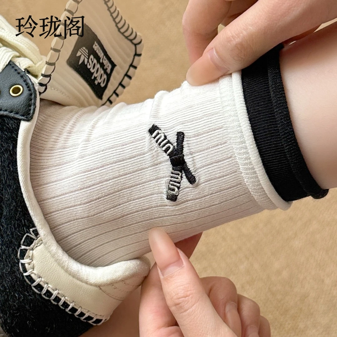 白色蝴蝶结袜子女夏季薄款纯棉中筒袜ins潮无骨双罗口堆堆袜夏天