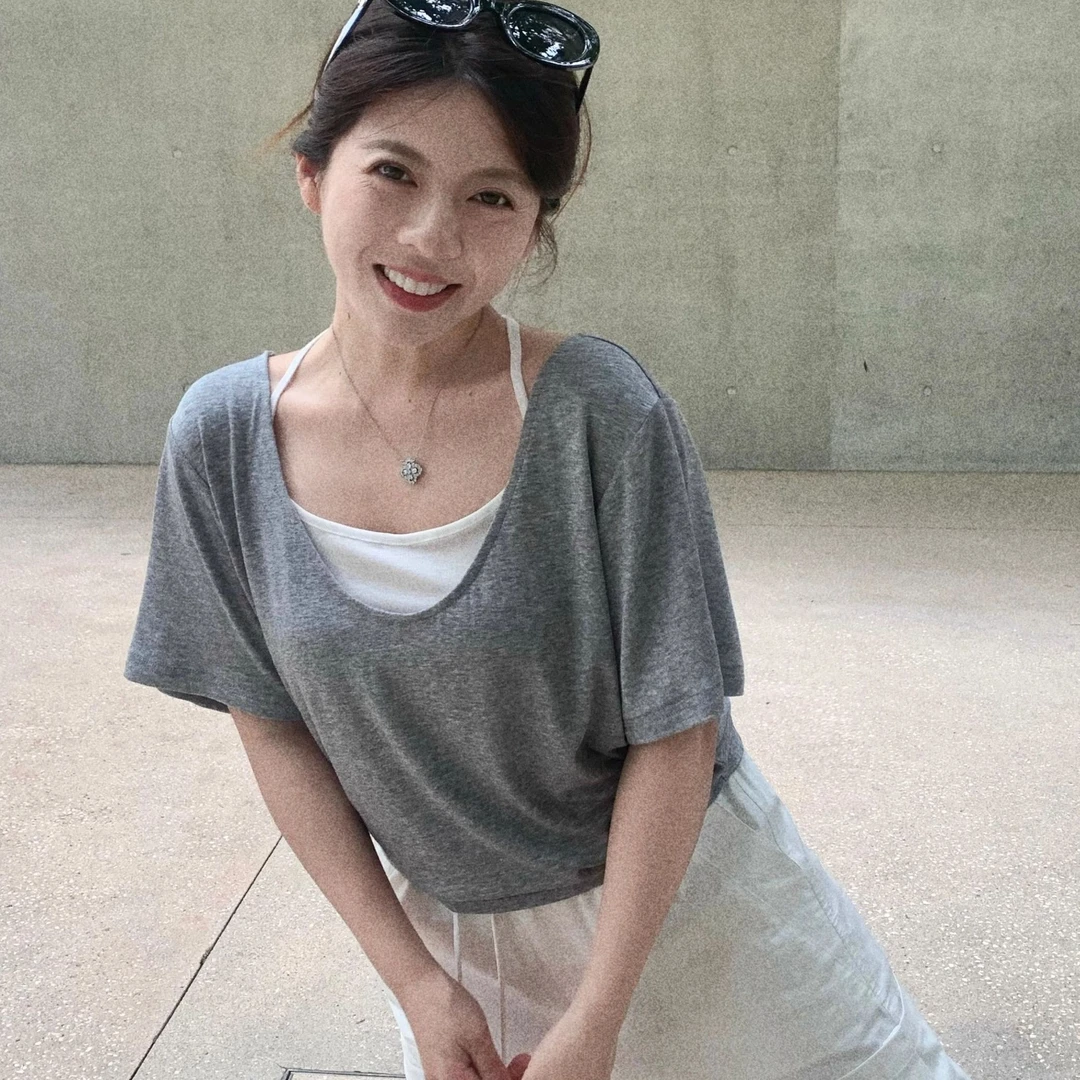 LARGE EYE大眼自制夏季圆领正肩短袖两件套女显瘦上衣慵懒松弛感
