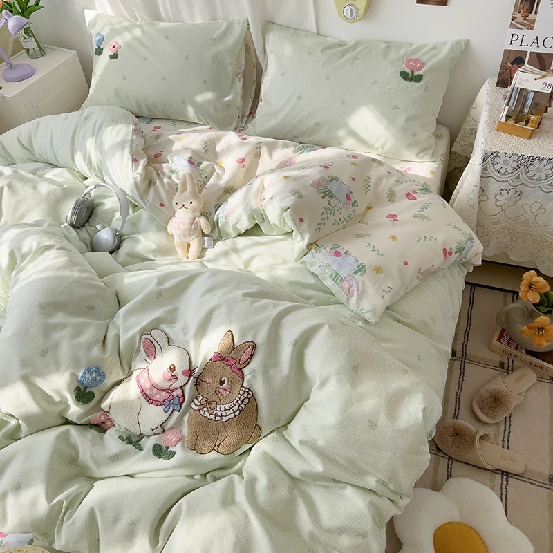 100%全棉纯棉四件套毛巾绣+印花卡通宿舍学生三件套单人双人被罩
