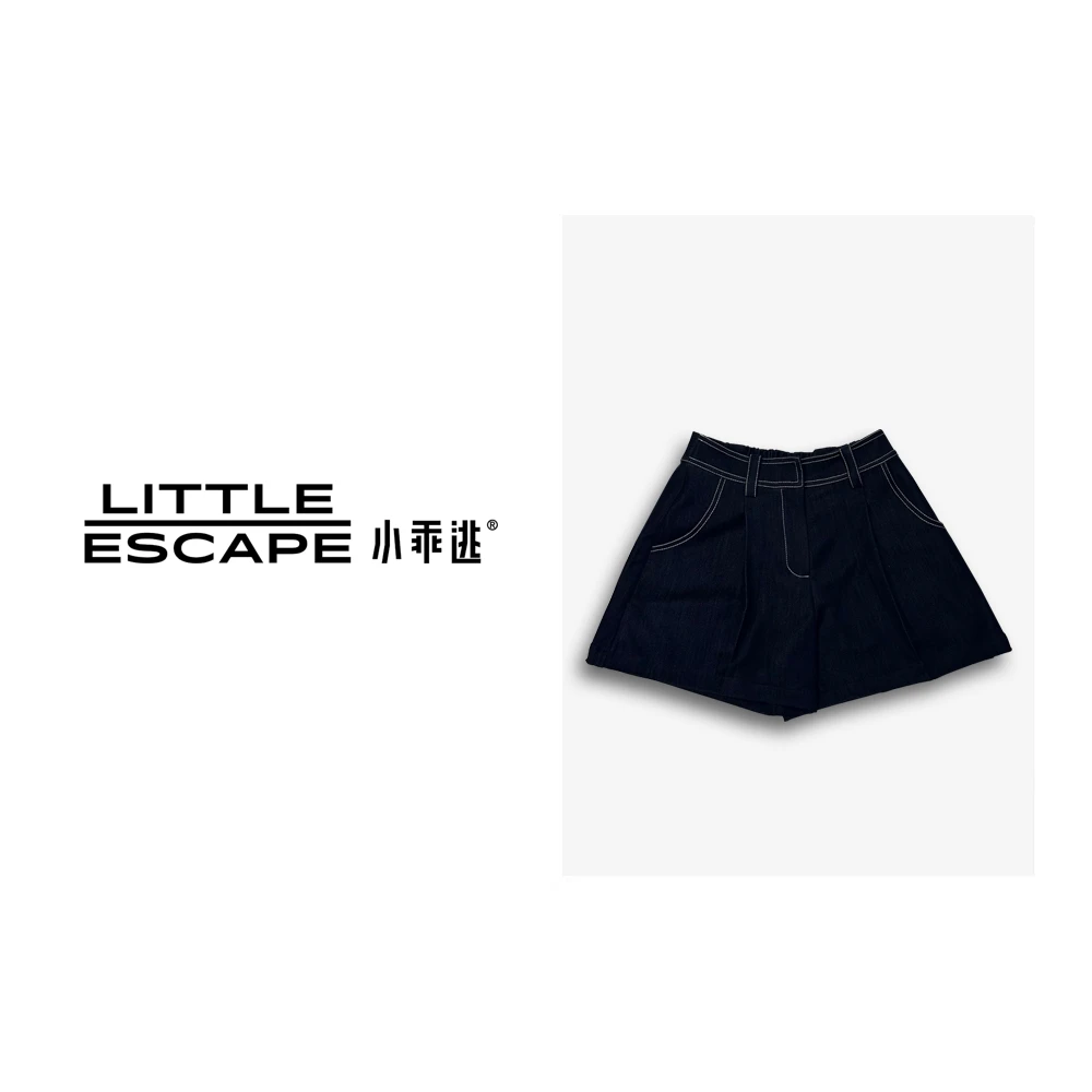 【小乖逃】藏蓝短裤港味复古纯色高腰短裤百搭阔脚短裤329