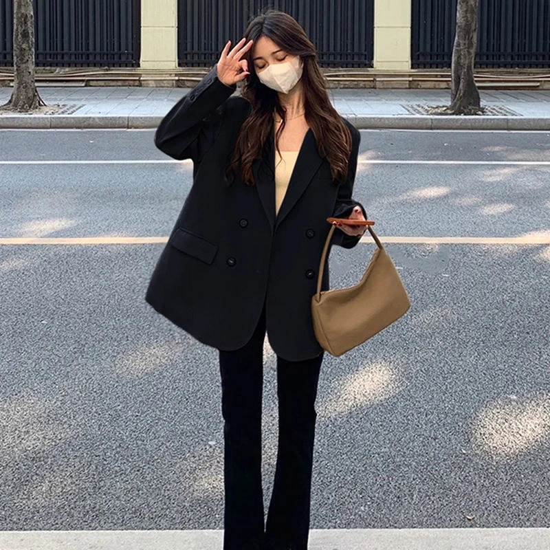 奶白色双排扣西装外套女春秋韩系设计感小众休闲百搭oversize西服