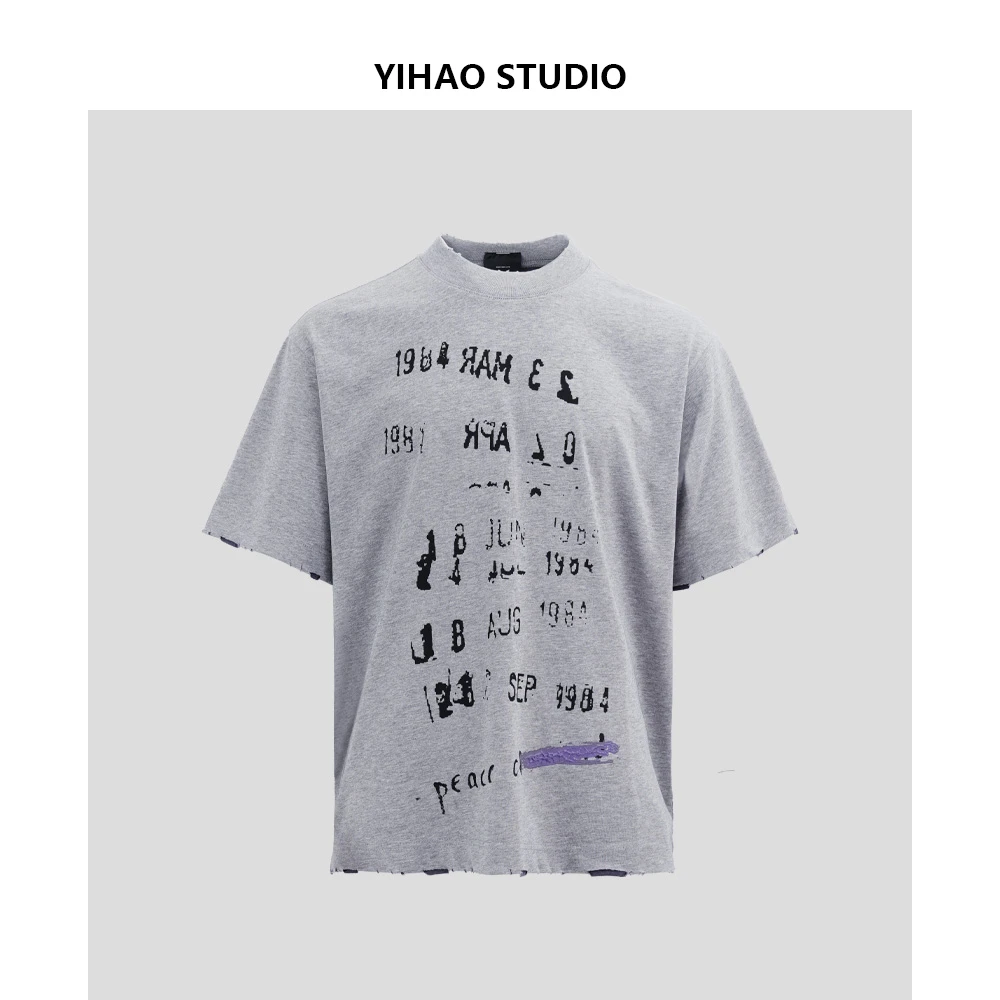 YIHAO STUDIO夏季新款男士纯棉T恤时尚百搭休闲宽松黑色圆领短袖