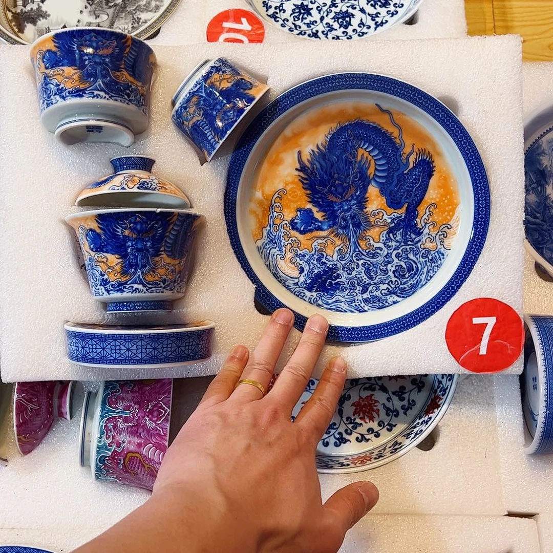 袁***新描金青花吸水龙五件套