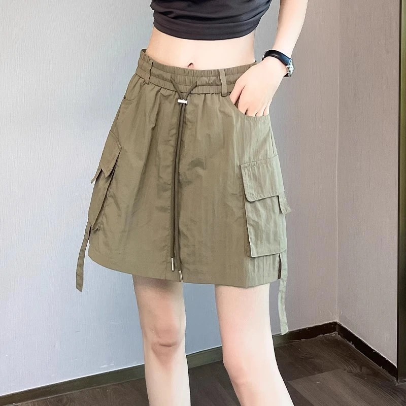 美式速干工装半身裙女夏季辣妹抽绳松紧腰a字短裙防走光包臀裤裙