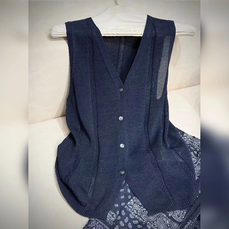 别提多好穿了藏蓝色针织微透修身百搭上衣轻熟风时髦设计感背心女