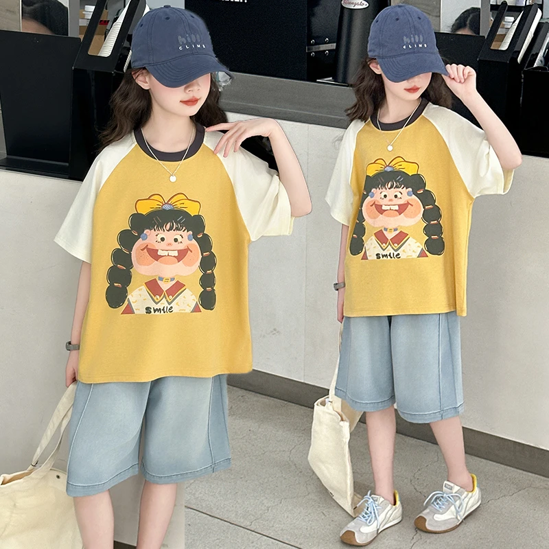 夏季女童韩版短袖2025新款儿童夏装中大童时尚休闲薄款牛仔中裤潮