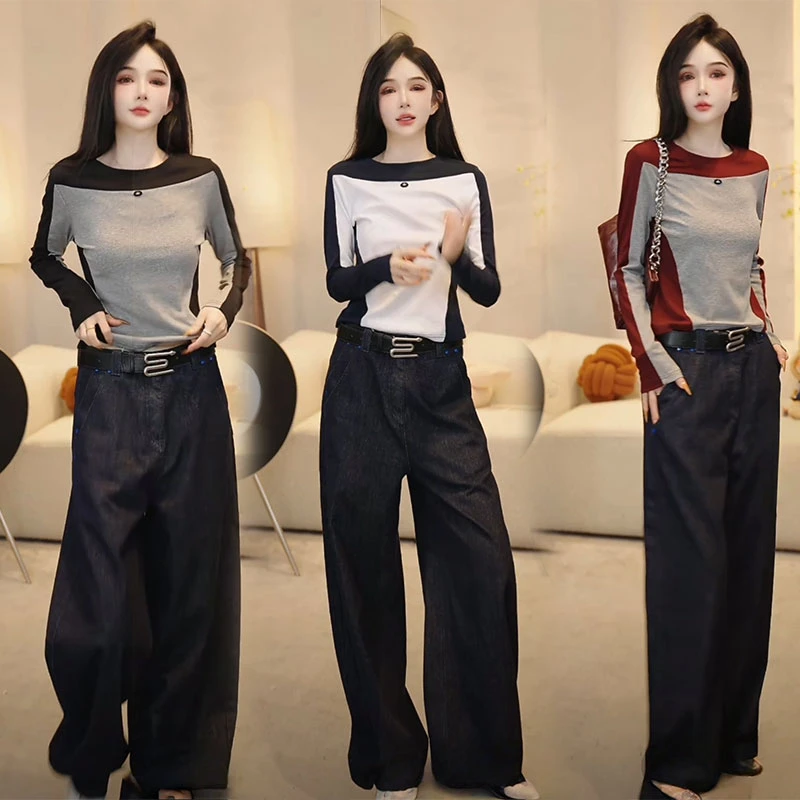 高级感撞色时尚套装秋季网红款显瘦正肩长袖T恤高腰垂感休闲裤子