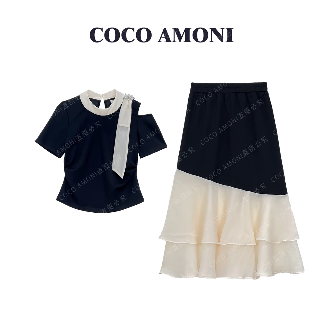 【LZ】早春百搭拼接套装露肩捏褶上衣松紧腰中上裙ZQ231