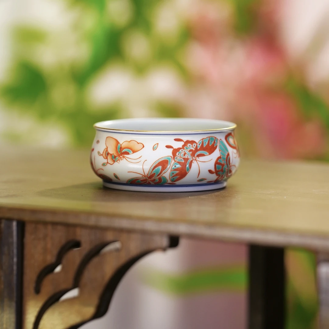 【雨溪山房】景德镇-纯手工红绿彩彩蝶穿花主人杯90ml