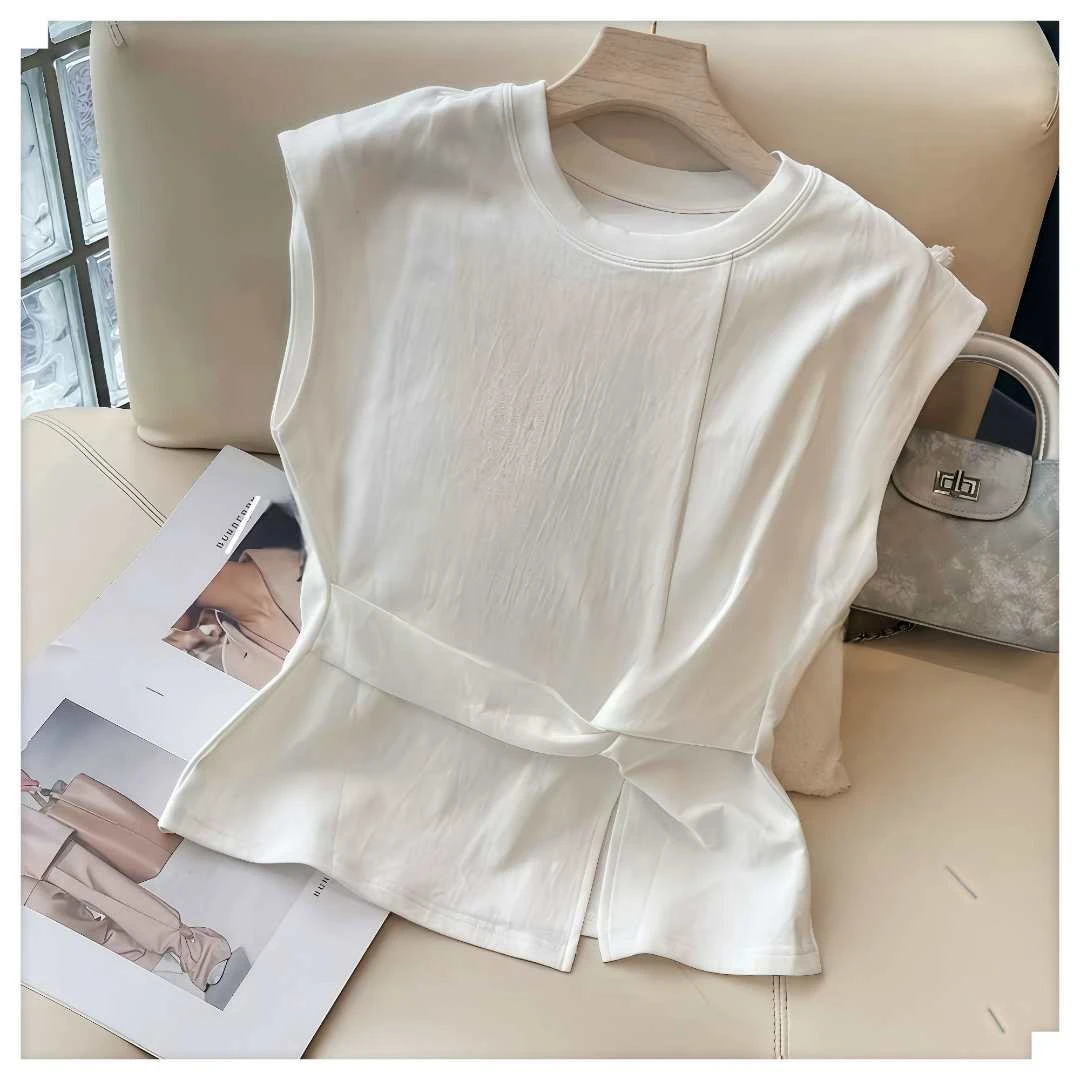 2025夏季新款飞飞袖掐腰扭结下摆开叉T恤女时尚气质百搭显瘦上衣