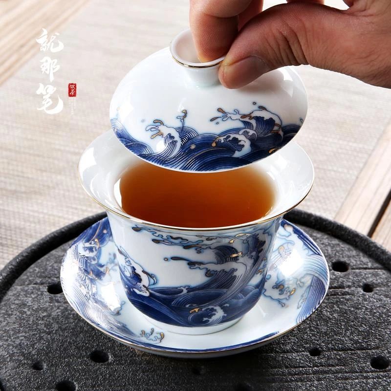 海阔天空 描金单个三才盖碗泡茶带盖茶具瓷器陶瓷白碗茶杯