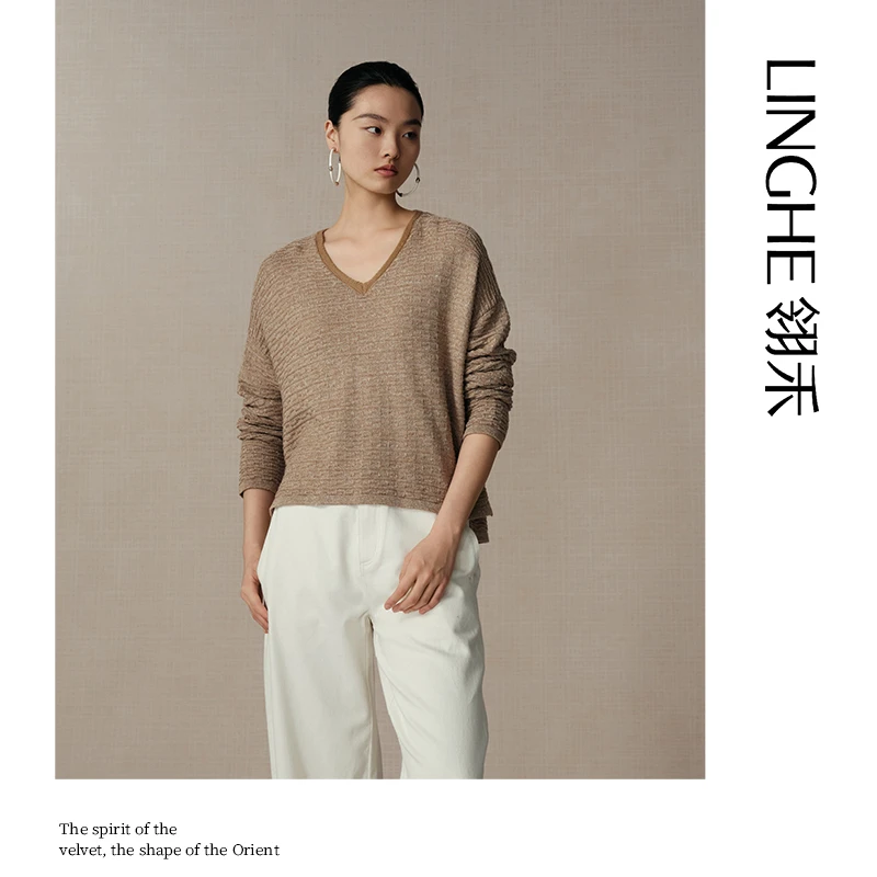 翎禾LINGHE-「云端晓」秋季长袖V领绵羊毛亚麻