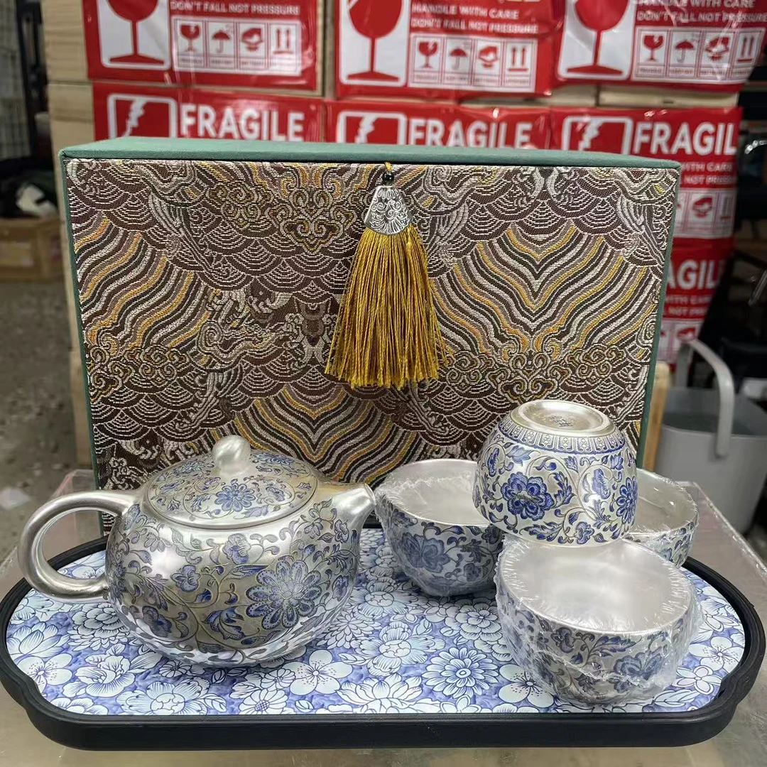 心名茶器 缠枝莲瓷胎包银西施壶一壶四杯套装家用功夫茶具-2884