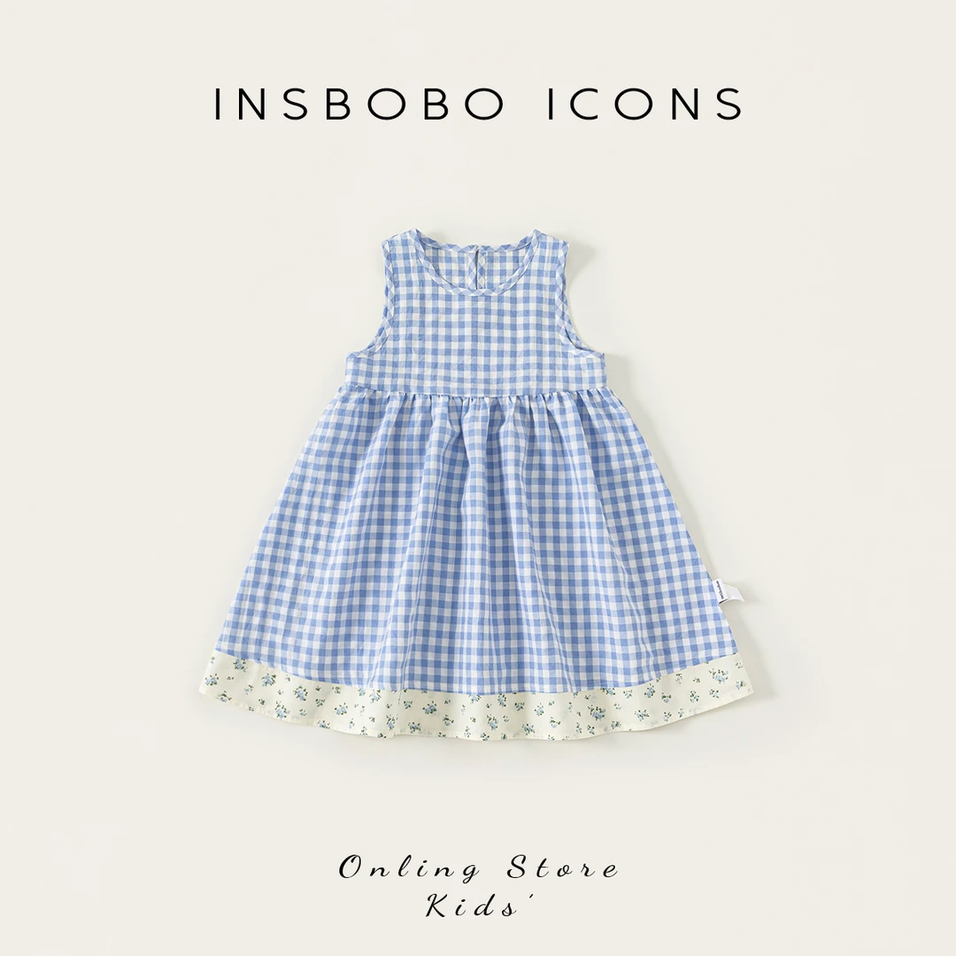 XQ25374【夏】儿童裙子（百搭圆领格子拼接无袖连衣裙）