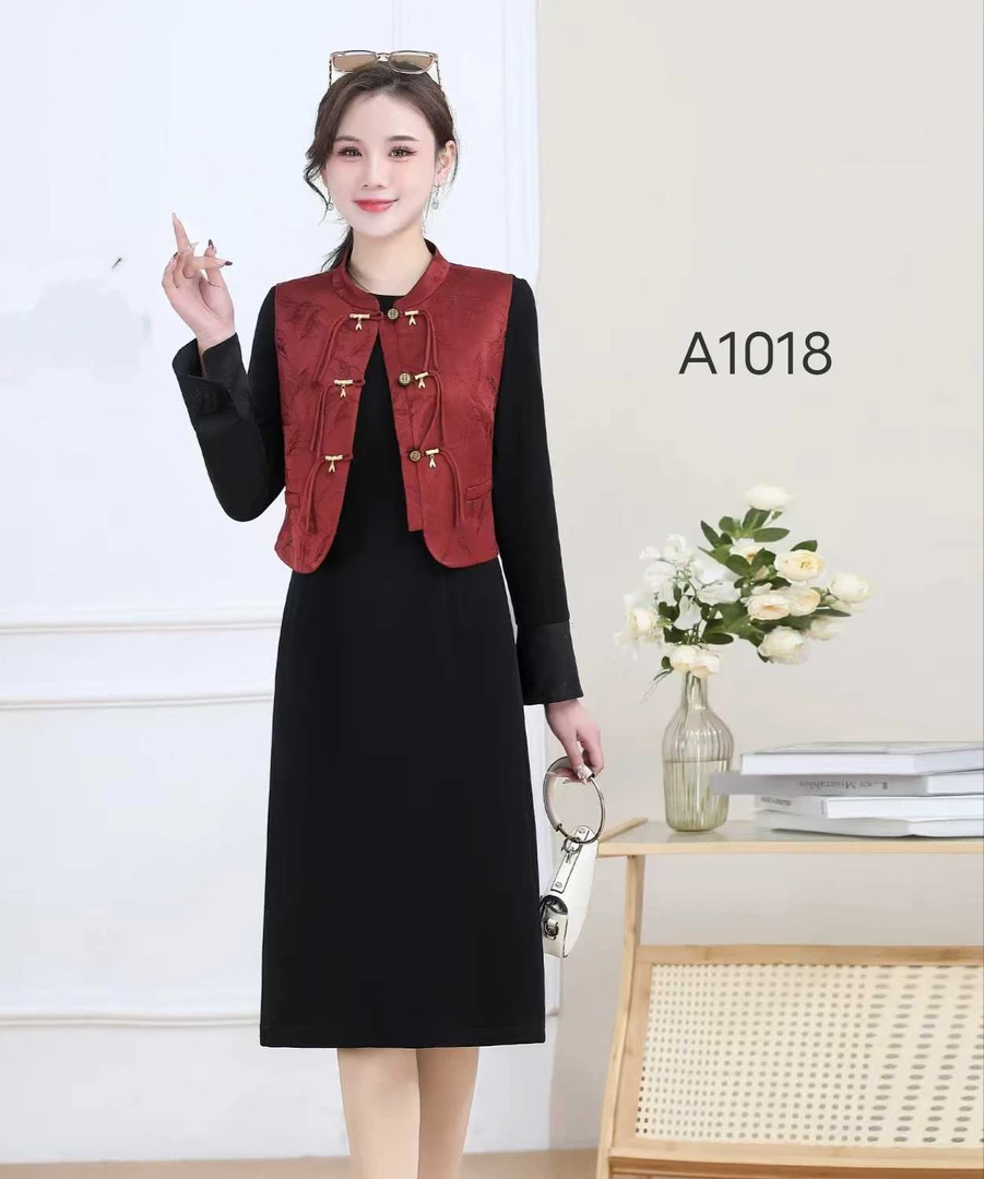 A1018立领红色背心时尚唐装中式服装时尚套装裙子马夹休闲风秋冬