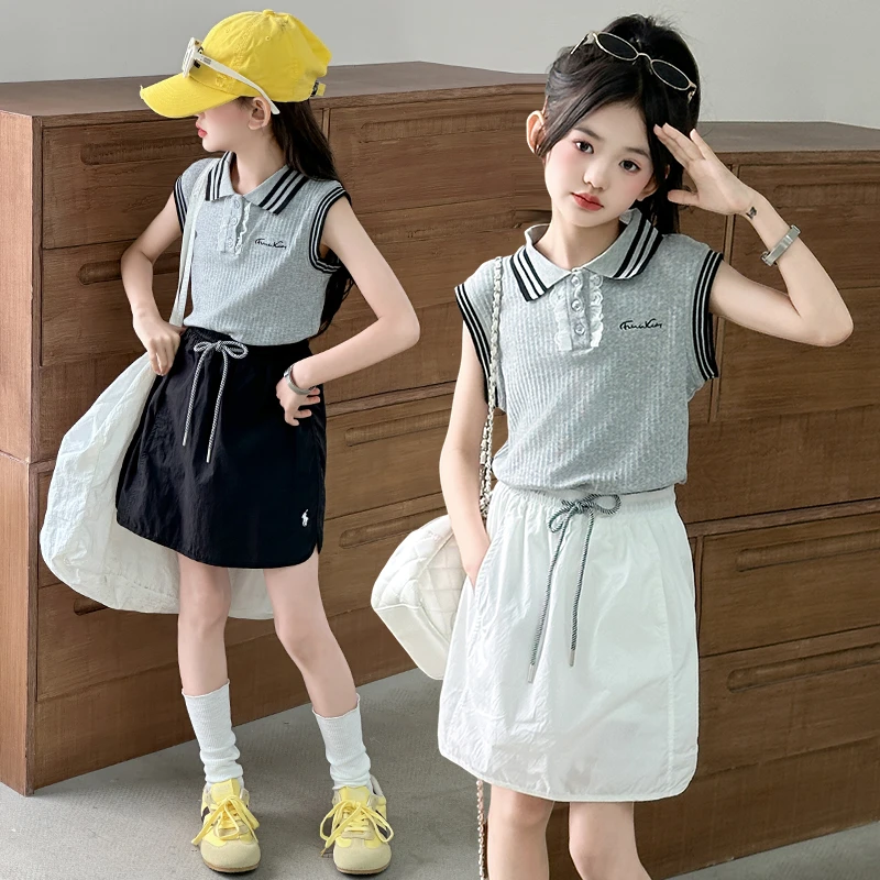 女童洋气套装裙2025新款夏季时尚中大童polo衫短袖速干短裙两件套