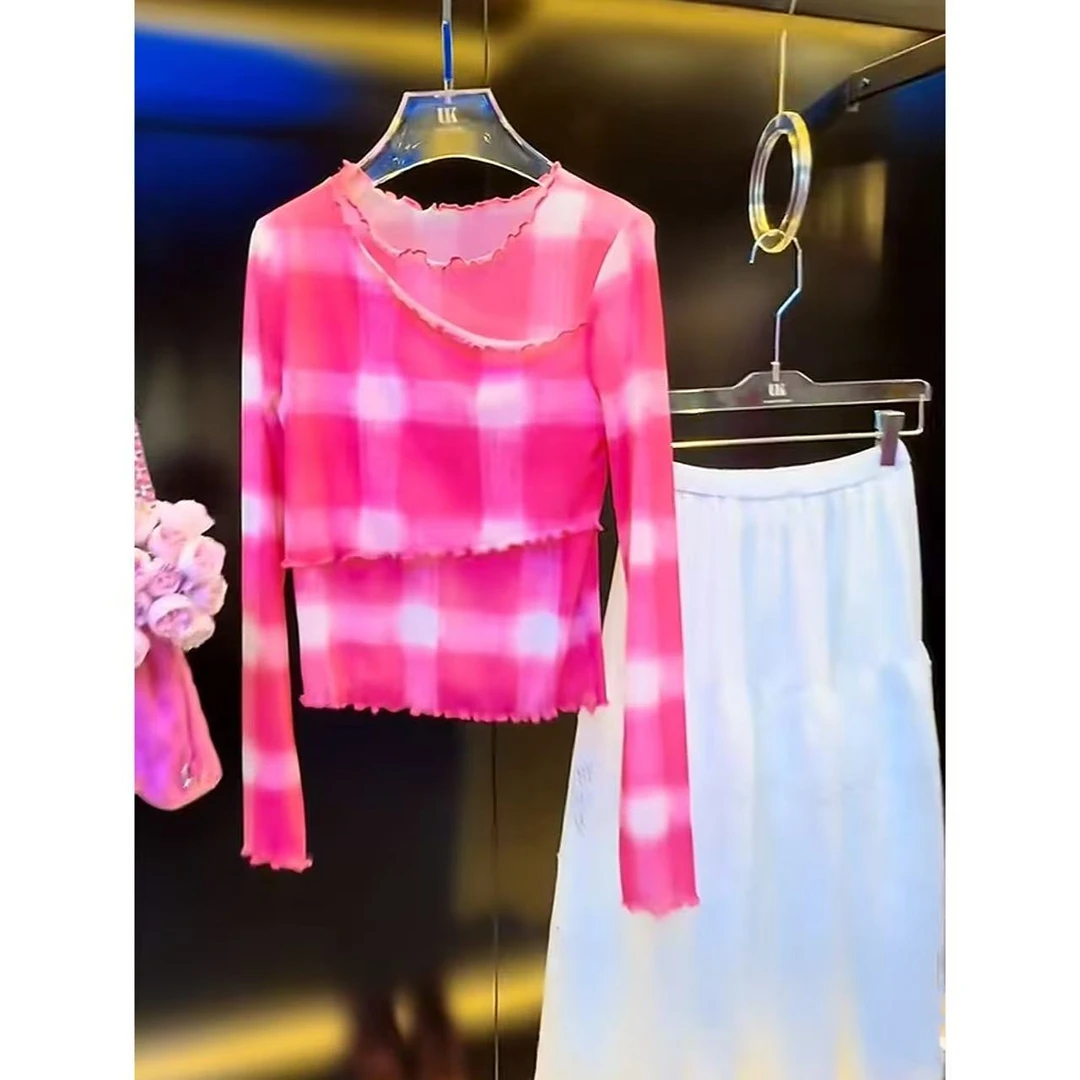 2025夏季新款时尚气质设计感小众百搭通勤格纹密拷圆领打底网纱衫