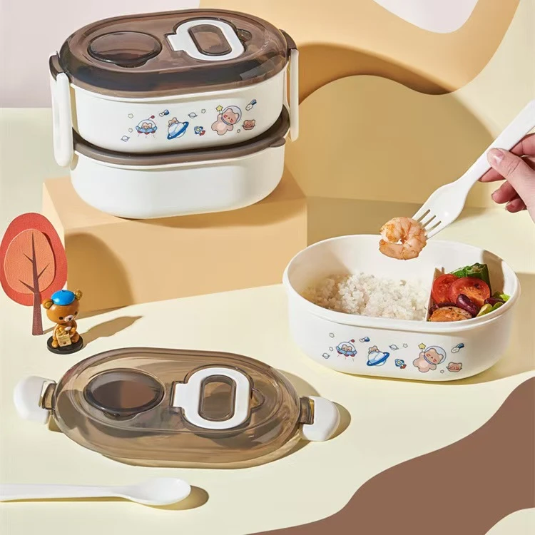 只发新疆新款创意双层饭盒食品盒餐盒便捷可微波炉加热带叉勺