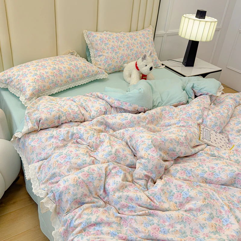 皱皱纱花边款四件套A类母婴级轻奢柔软亲肤少女心小清新床上用品