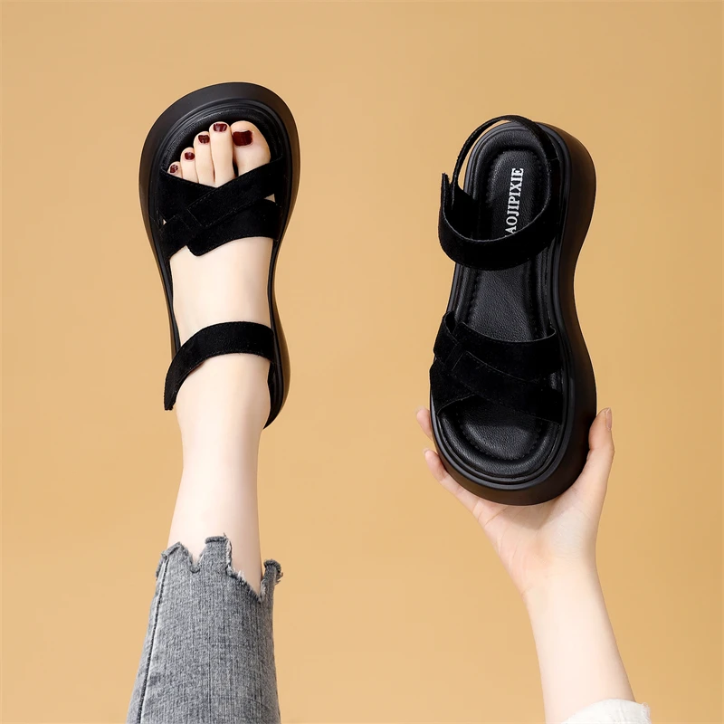 透气百搭厚底凉鞋女2025年夏季新款露趾防滑沙滩鞋魔术贴罗马凉鞋