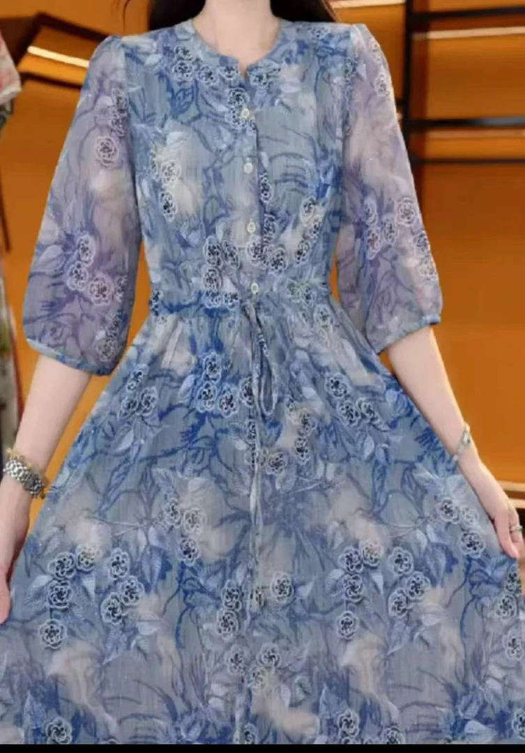 【时装高定款】天青蓝气质修身时尚夏季印花连衣裙女装大码连衣裙