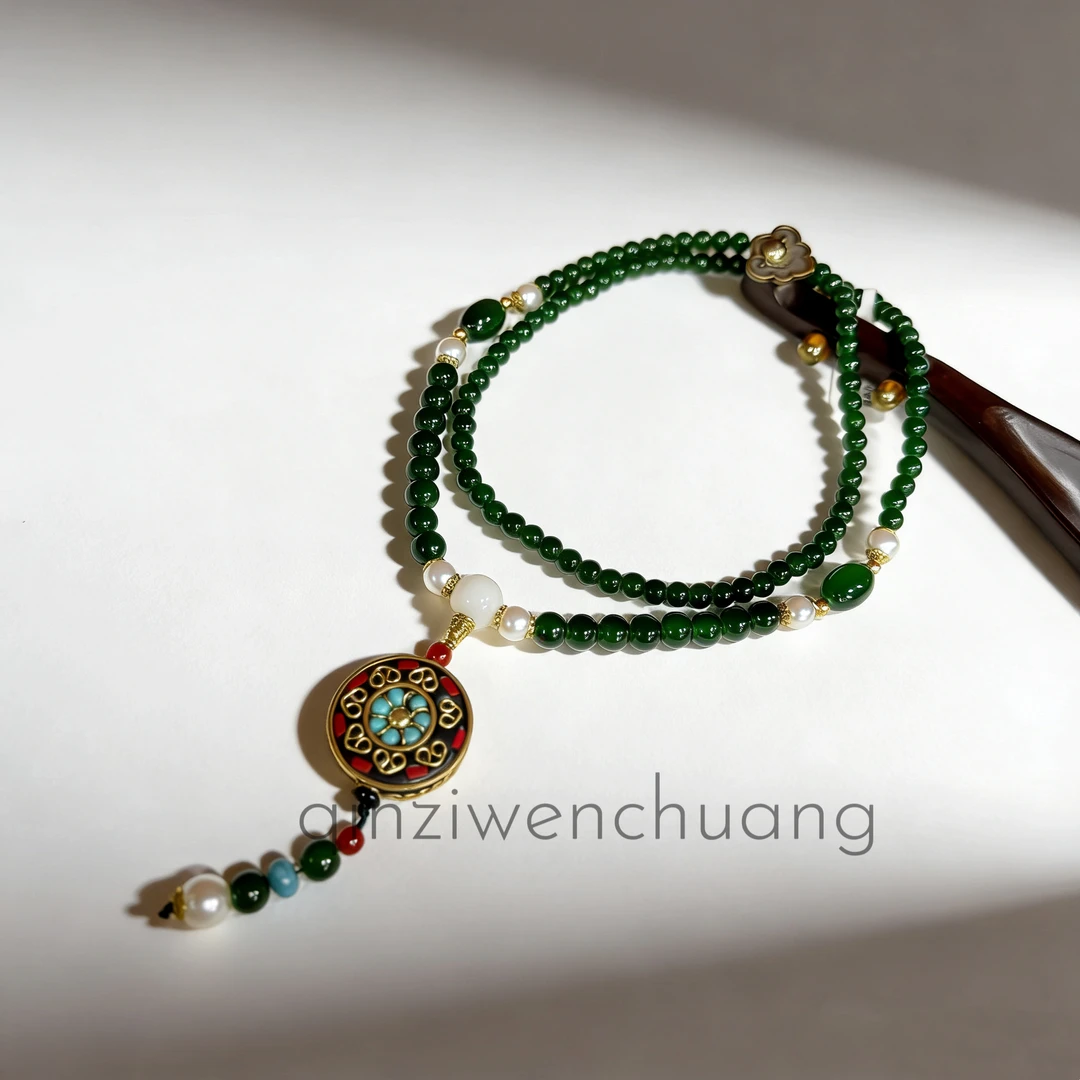 合金琉璃项链 DG 1295-琉璃-尼泊尔蓝牌绿珠项链毛衣链（无礼盒）