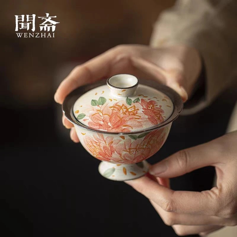 粉引-绮彩牡丹-花口盖碗  7L2025456