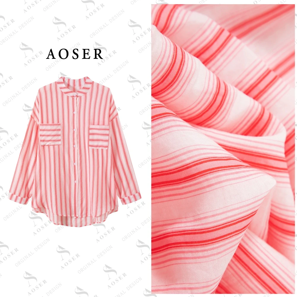 AOSER时尚休闲百搭立领条纹宽松型长袖中长款女装8702