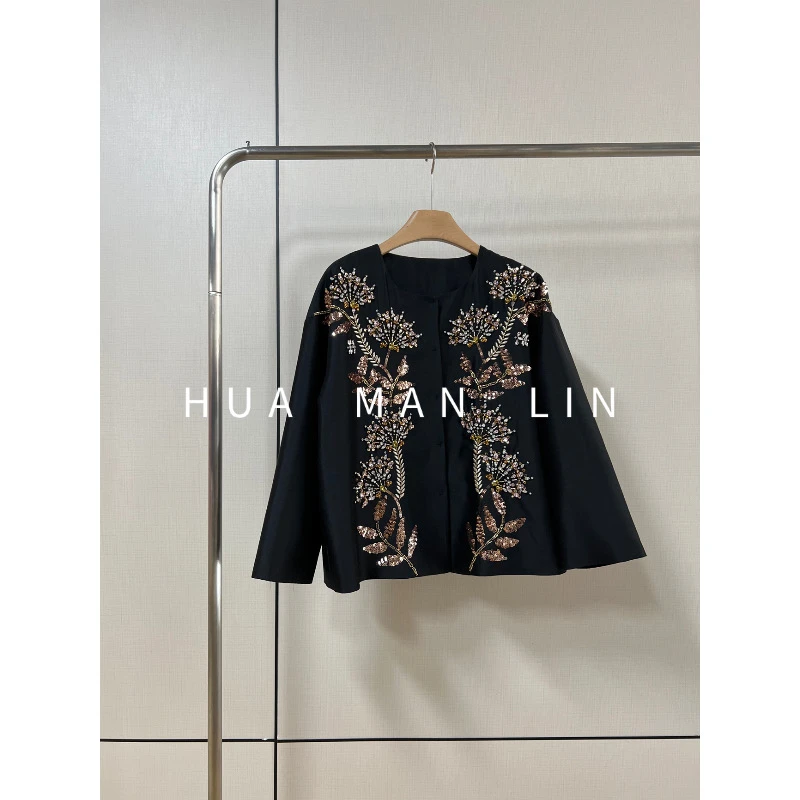 圆领暗扣重工钉珠真丝桑蚕丝丝毛外套246620