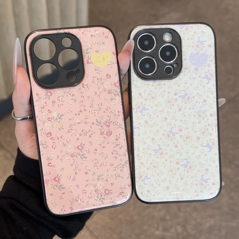 奥菲顿粉绿碎花玫瑰适用iPhone16/15promax玻璃手机壳14pro苹果13