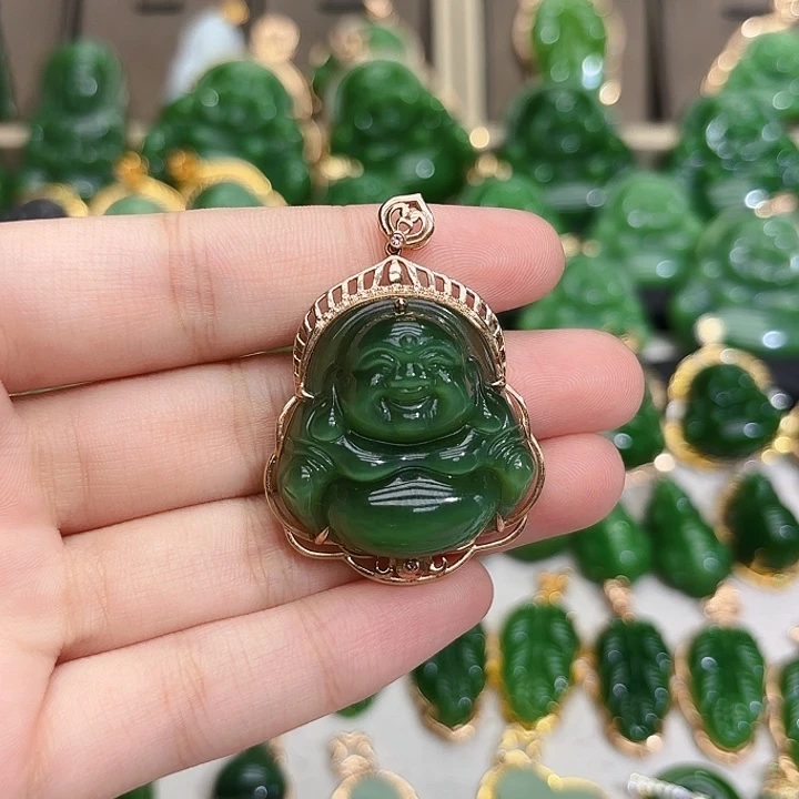 和田玉（碧玉）18K金镶嵌颈饰特价30猫眼佛公