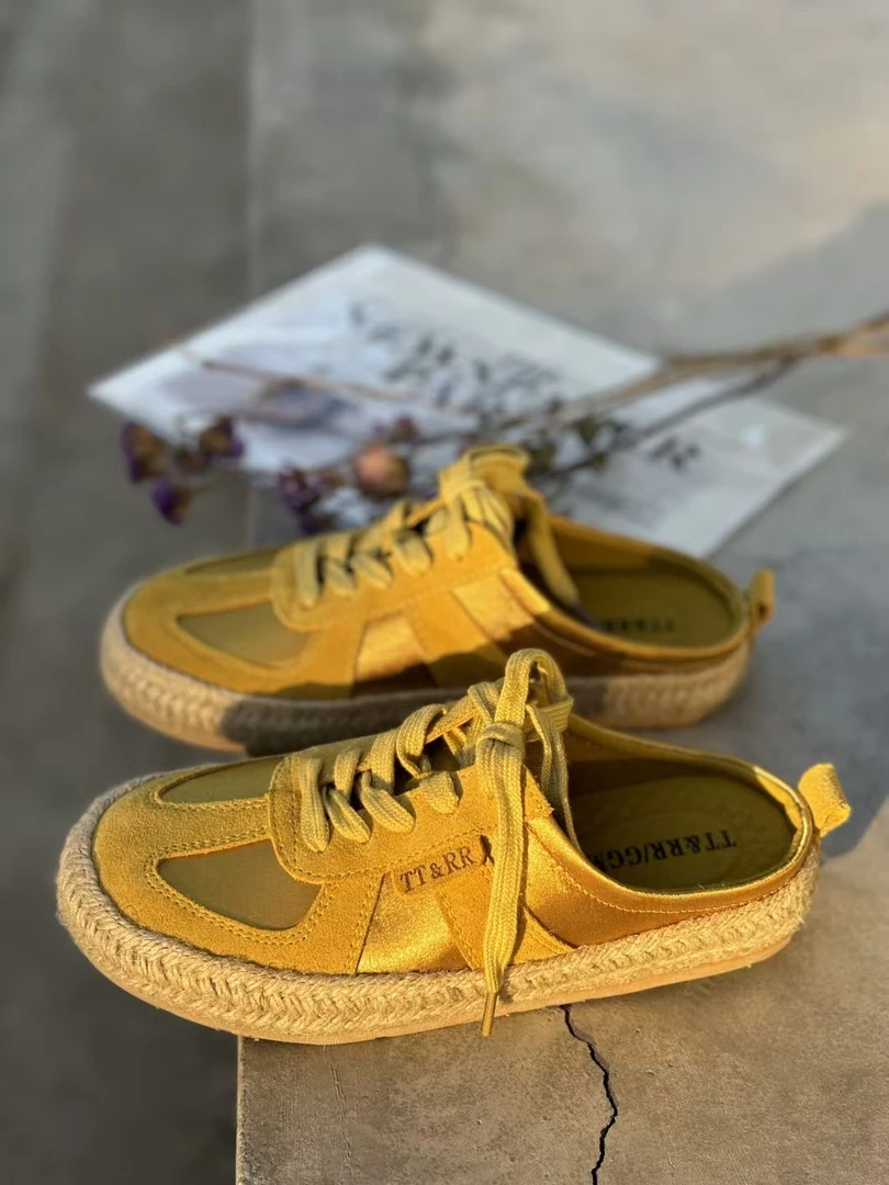 欧洲站2025夏季新款减龄半拖鞋女舒适德训鞋懒人草编一脚蹬渔夫鞋