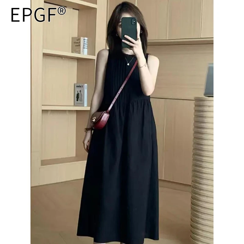 EPGF黑色背心无袖a字连衣裙新款女夏季宽松显瘦气质法式长裙子女