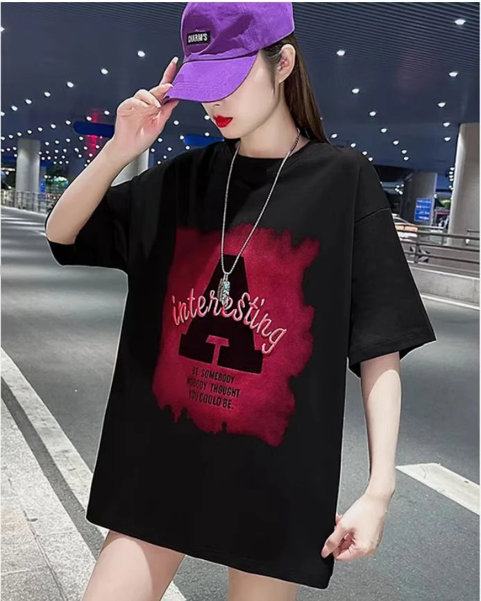 九个颜色纯棉中长款短袖宽松丝网印休闲百搭圆领T恤春夏短袖-HI