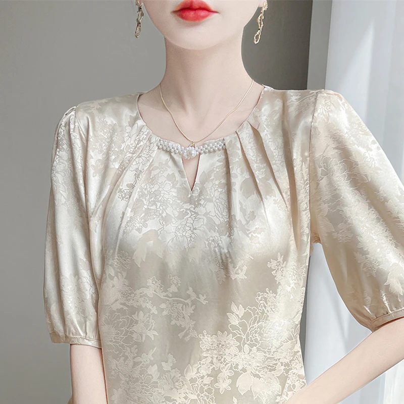重磅提花真丝短袖女款小众设计感洋气高贵透气打底衫洋气减龄上衣