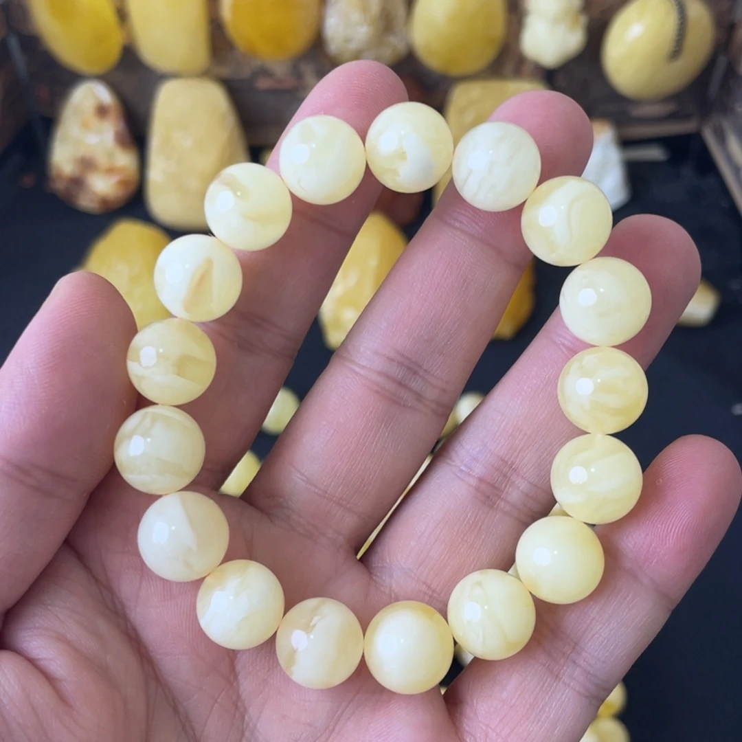 琥珀未镶嵌手串12+妖白花圆珠手串