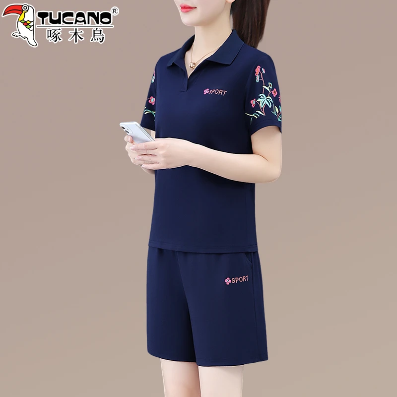 啄木鸟冰丝短裤运动套装女2025新款夏季洋气妈妈翻领跑步服两件套
