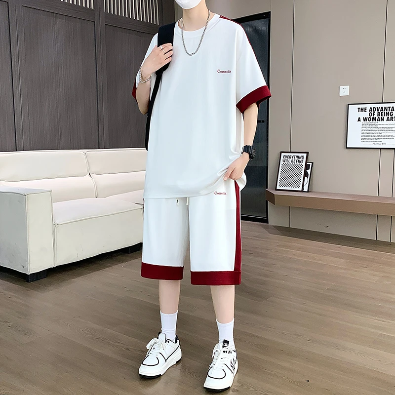 2025夏季新款男T恤短裤套装休闲运动套装假两件运动服短袖潮流