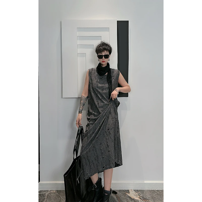 Dan Dan 灰色破洞无袖连衣裙女 长款吊带连衣裙背心长裙