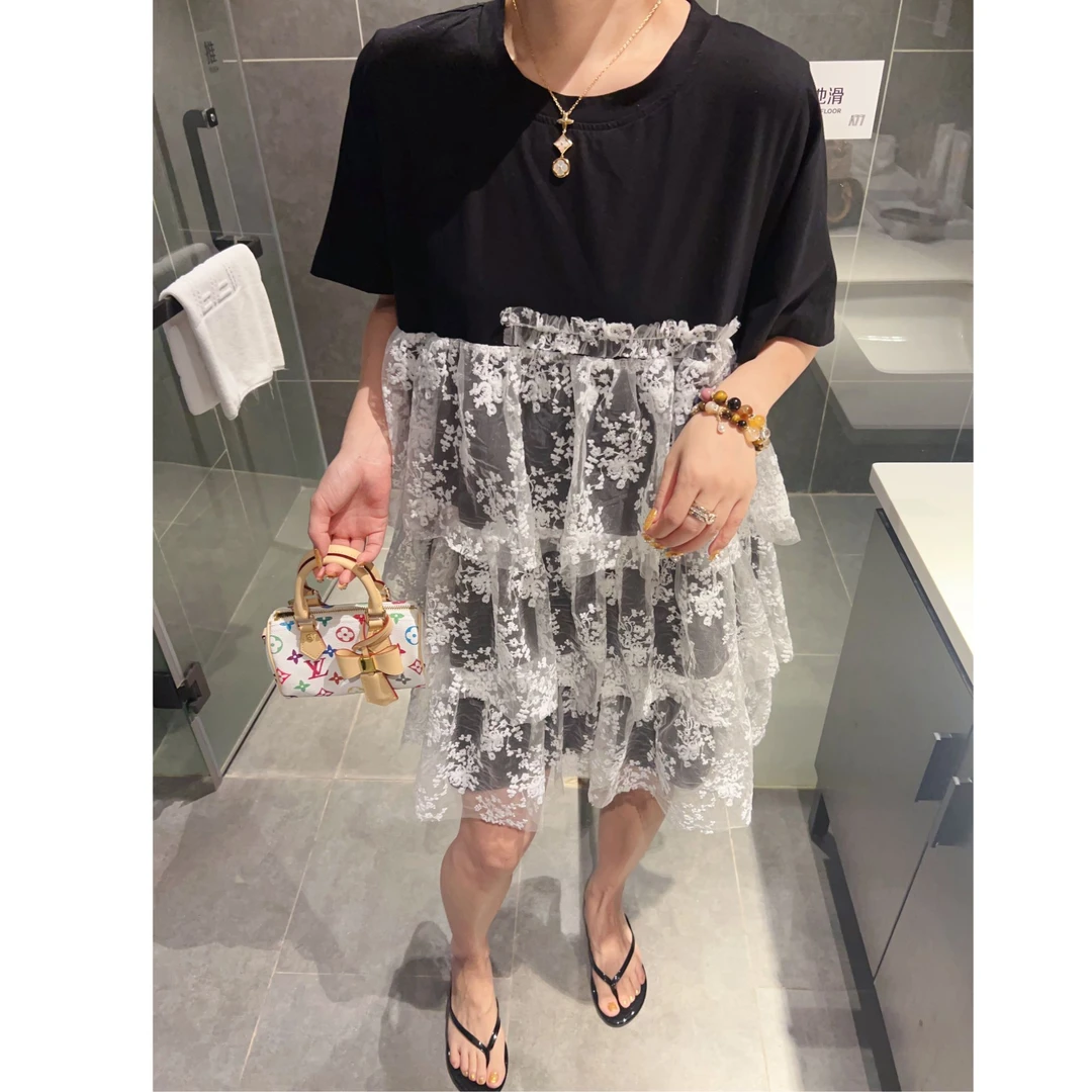 2025夏季新款韩系风t恤裙潮宽松百搭拼接蕾丝网纱中长款连衣裙女