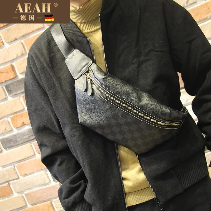 AEAH高档品牌真皮男斜挎包胸包单肩包时尚潮流揹包格子复古小包男