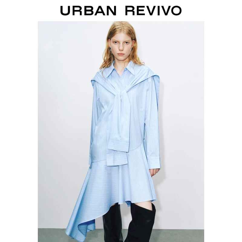 UR2026春季新款女潮流真两件不规则撞色条纹连衣裙UWJ750086