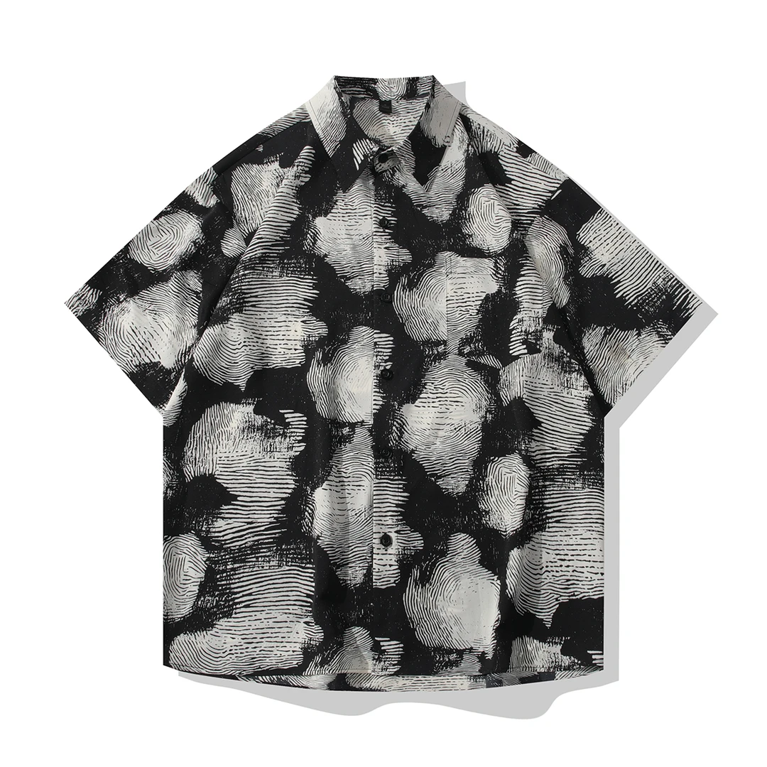 文艺复古冰丝短袖花衬衫夏季男薄款透气垂感宽松衬衣高级痞帅时尚