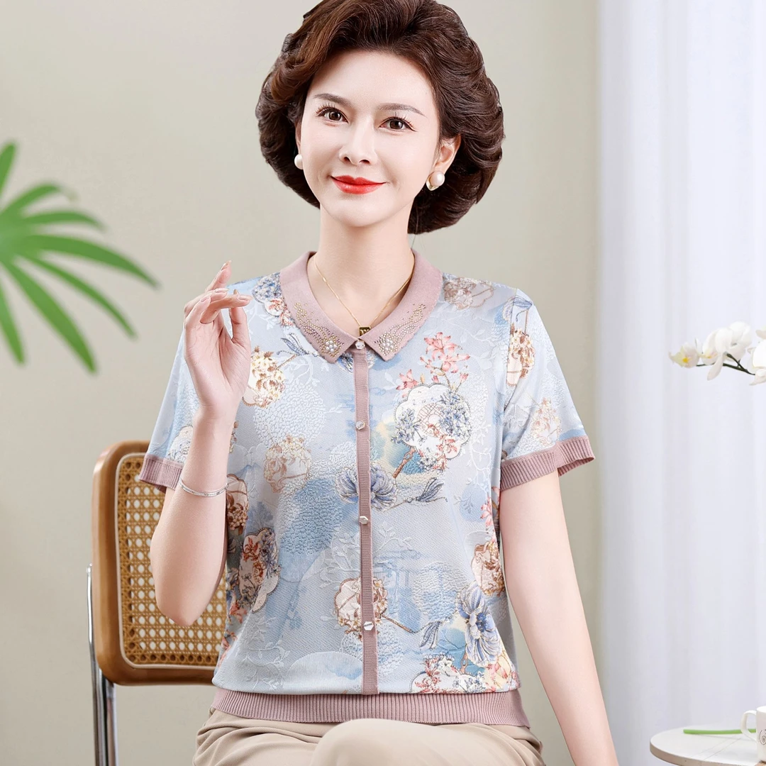 妈妈装夏装短袖T恤翻领洋气小衫中老年人女母亲衣服气质上衣碎花