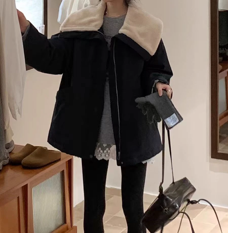 08158-DQ黑色大翻领中长款外套
