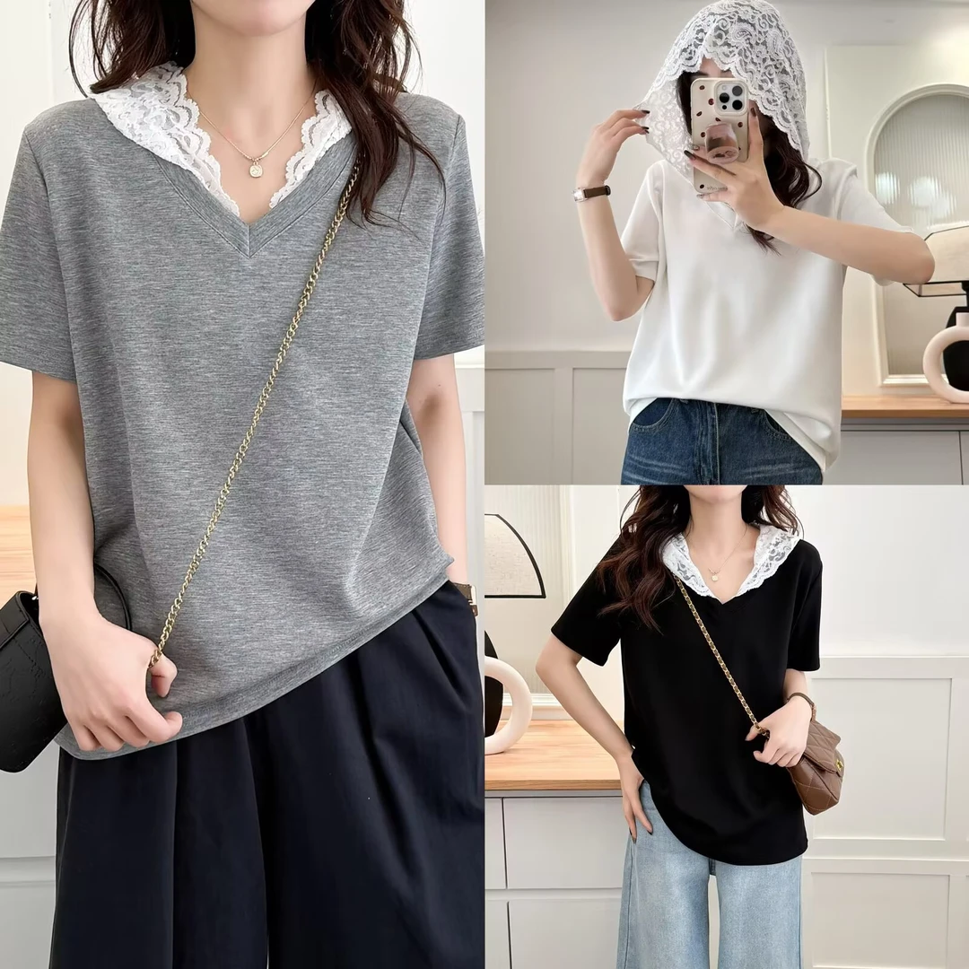 大码胖mm慵懒风蕾丝设计连帽遮肚短袖独特打底显瘦上衣5009