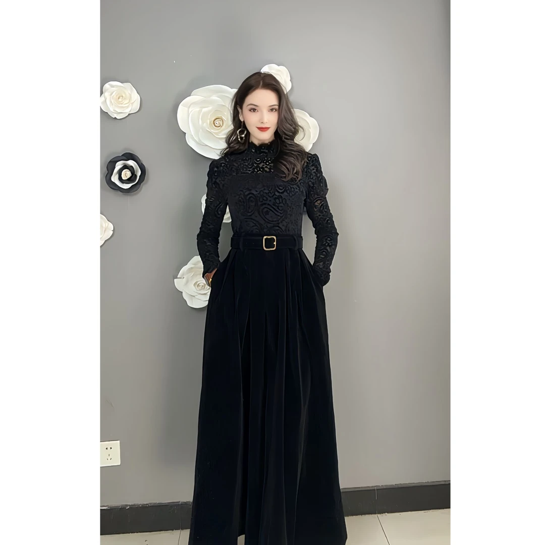 9910【雪尼尔提花面料稍有浮毛属正常】赫本风气质拼接女装连衣裙